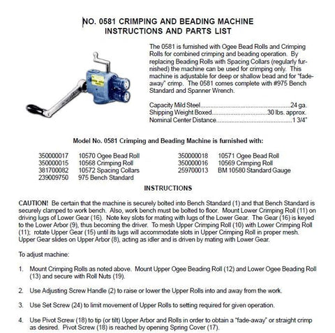 PEXTO NO. 0581 CRIMPING & BEADING INSTRUCTIONS AND PARTS LIST