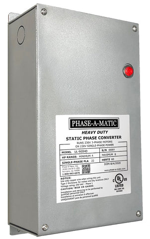 Phase-A-Matic 4 to 8 HP Phase-A-Matic™ UL Certified Heavy Duty Static Phase Converter Model UL-900HD